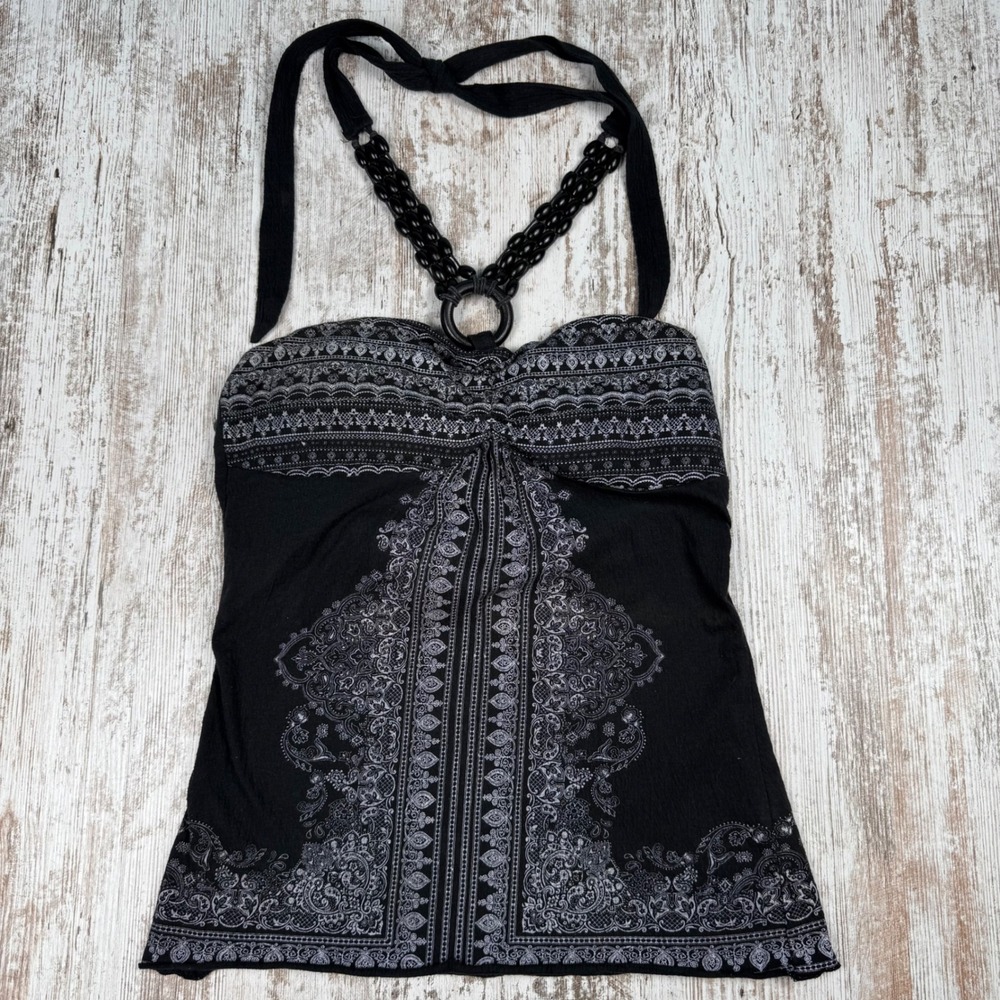 Almost Famous Halter Top Black White Paisley Medallion Beaded O-Ring Sz L Y2K